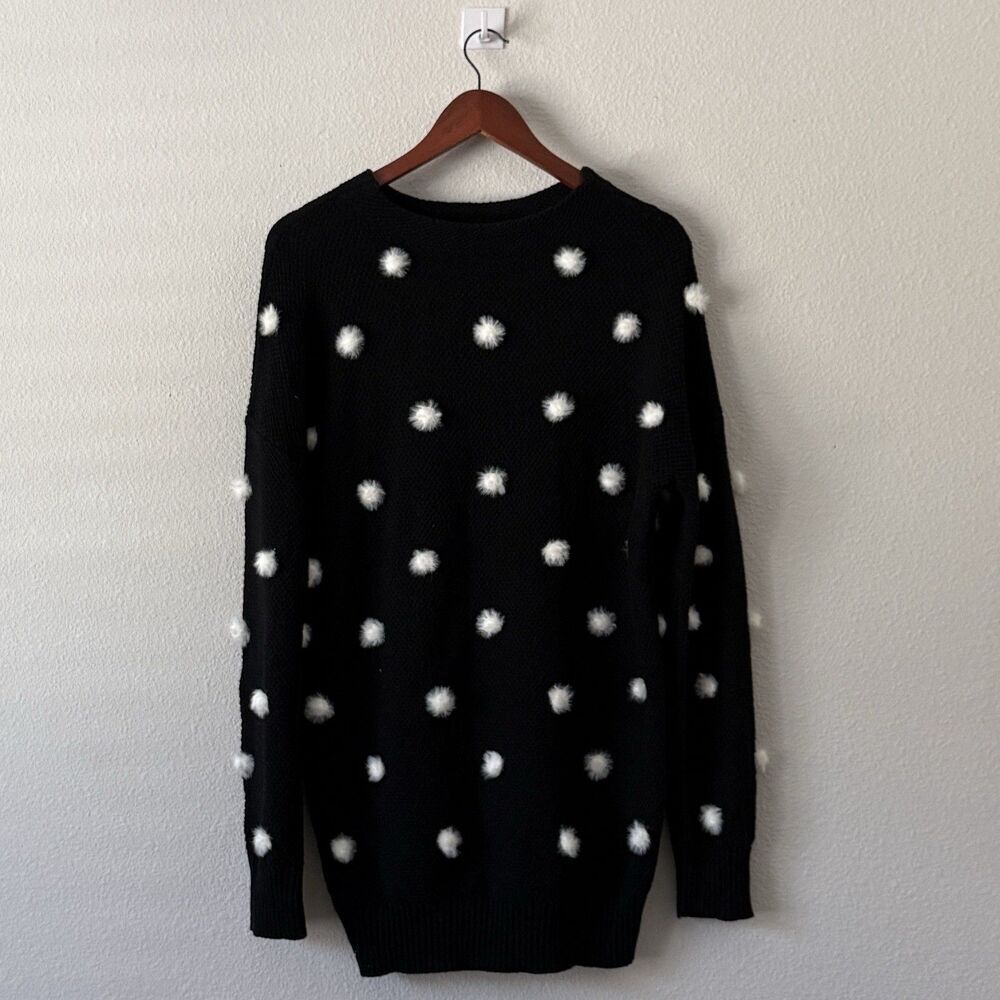 Frank Lyman Montréal Sweater Womens Size L Black White Polka Dot Crewneck